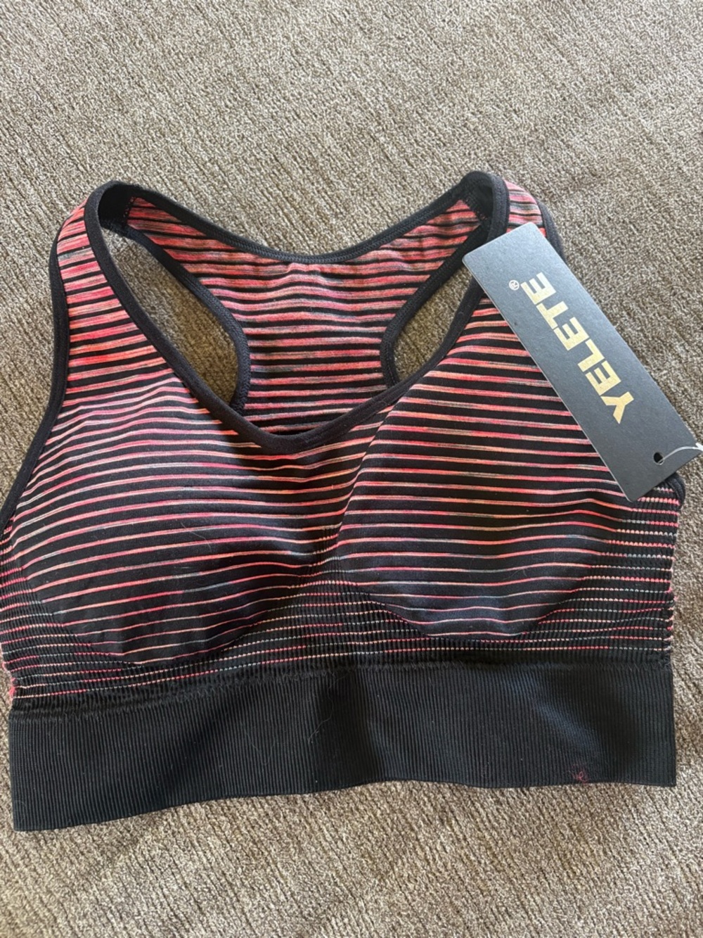 Yelete Black and Orange Padded Striped Sports Bra Size Small